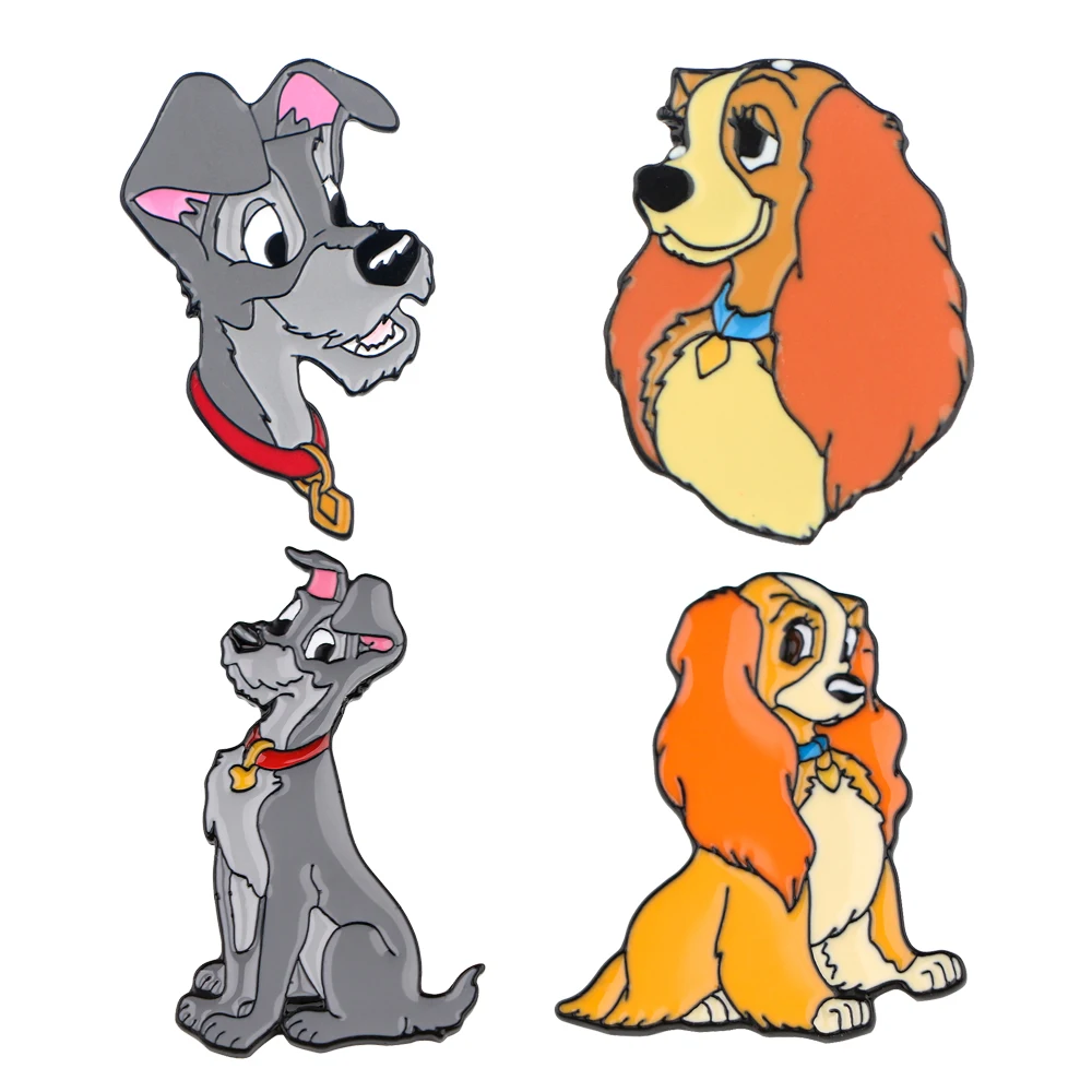 KKZ488 Lady And The Tramp Dog Jewelry Enamel Pins And Brooches Cartoon Creative Metal Denim Hat Badge For Friends Kids