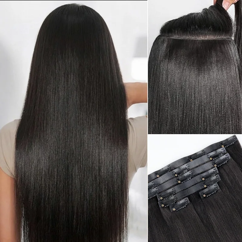 ISEE New In Yaki Straight Clip-In Hair Extensions Human Hair Natural Black Color Invisible Weft
