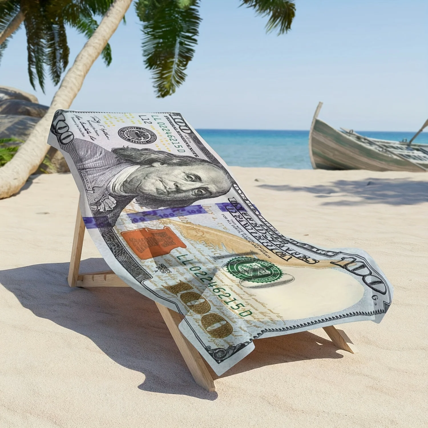 قطعة واحدة من من منشفة الشاطئ المصنوعة من الألياف الدقيقة الناعمة - خفيفة الوزن وفائقة النعومة مع تصميم لطيف بطباعة الدولار، مستطيلة - قماش سريع الجفاف
