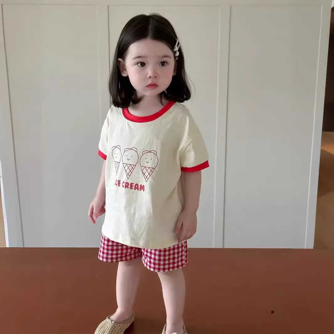 T-shirt and Shorts Set Summer Thin Korean Fashionable Cute Cartoon T-shirt Plaid Shorts Two-piece Set