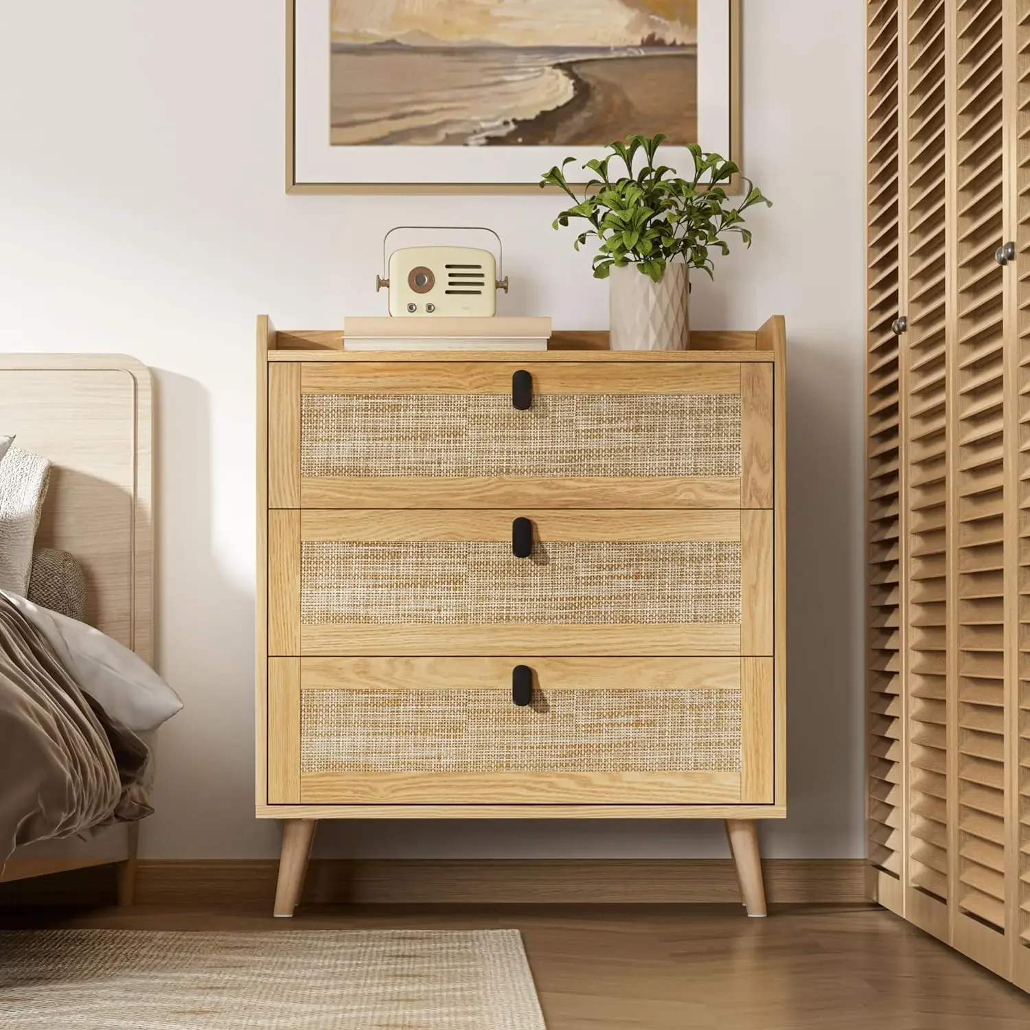 

Knowlife 3 Drawer Rattan Dresser for Bedroom, Chest of Drawer, 3 Drawer Dresser, Modern Wood Dresser with Natural Rattan Drawer