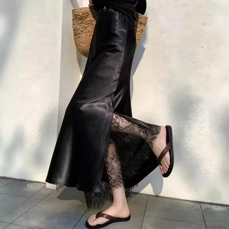 Elegant Satin Fish Tail Half Skirt High Waist Lace Splice Side Slit Draping Long Women's Skirt Breathable Skin-friendly Polye...