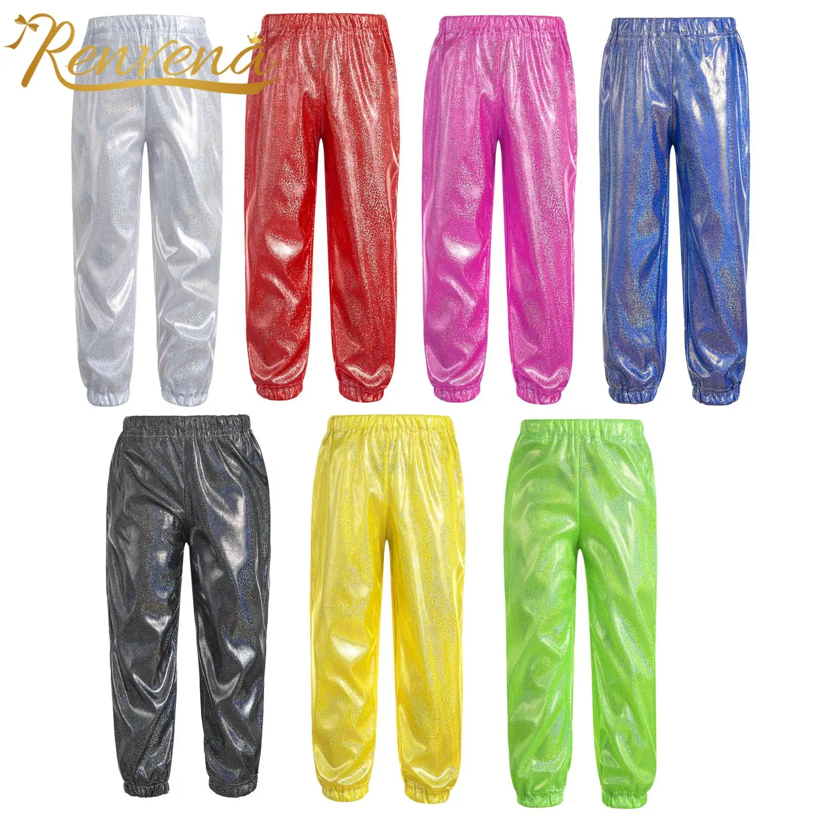Kids Boys Girls Metallic Harem Pants Fashion Hip Hop Costume Modern Jazz Street Dance Pants Shiny Trousers Party Dancewear
