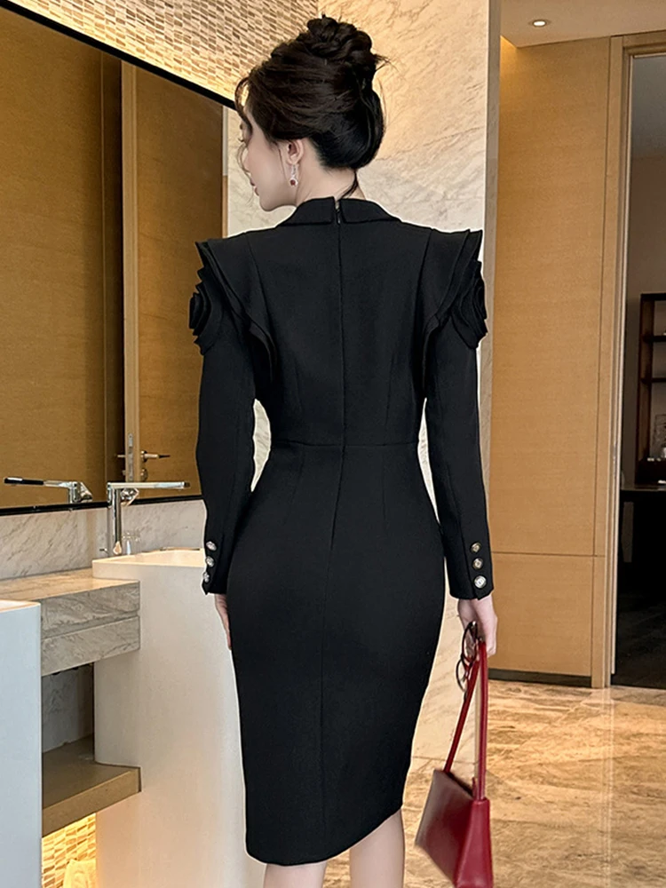 Elegant Fashion Business Formal Dresses Women Clothing Professional Style Black Ruffles Double Breasted Slit Robe Party Vestidos