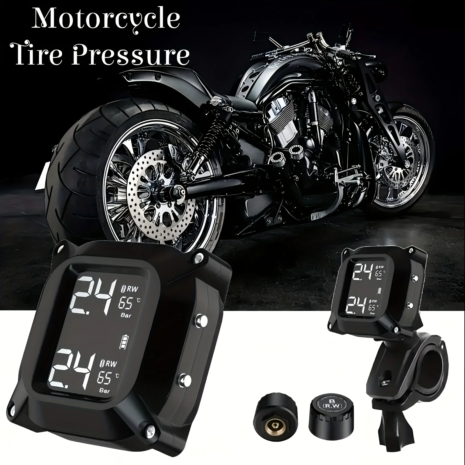 Motorcycle TPMS - 2 External Sensors, LCD Display, Precise Tyre Pressure & Temperature Monitoring with Alarm, USB-Powered，36V