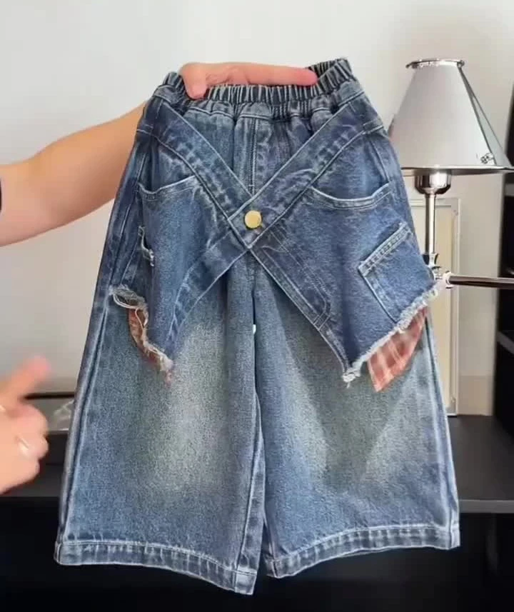 Street Style Girls Denim Pant 2026 Summer New Fashionable Denim Spliced Workwear Pants