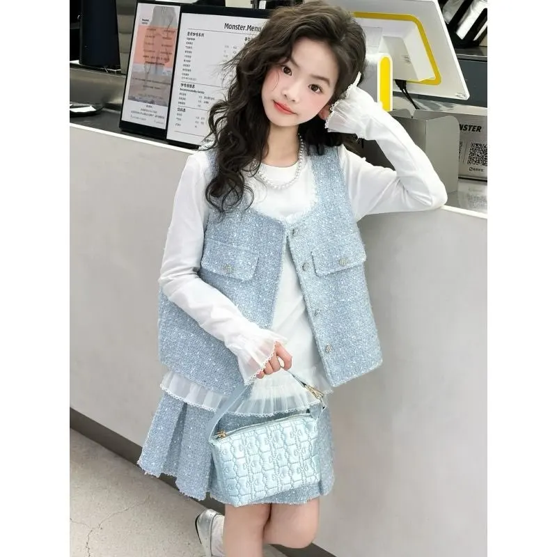

Teenage Girls' Sweet Three-Piece Set with Vest Shirt And Pleated Skirt Spring Autumn New Style Children's Clothing