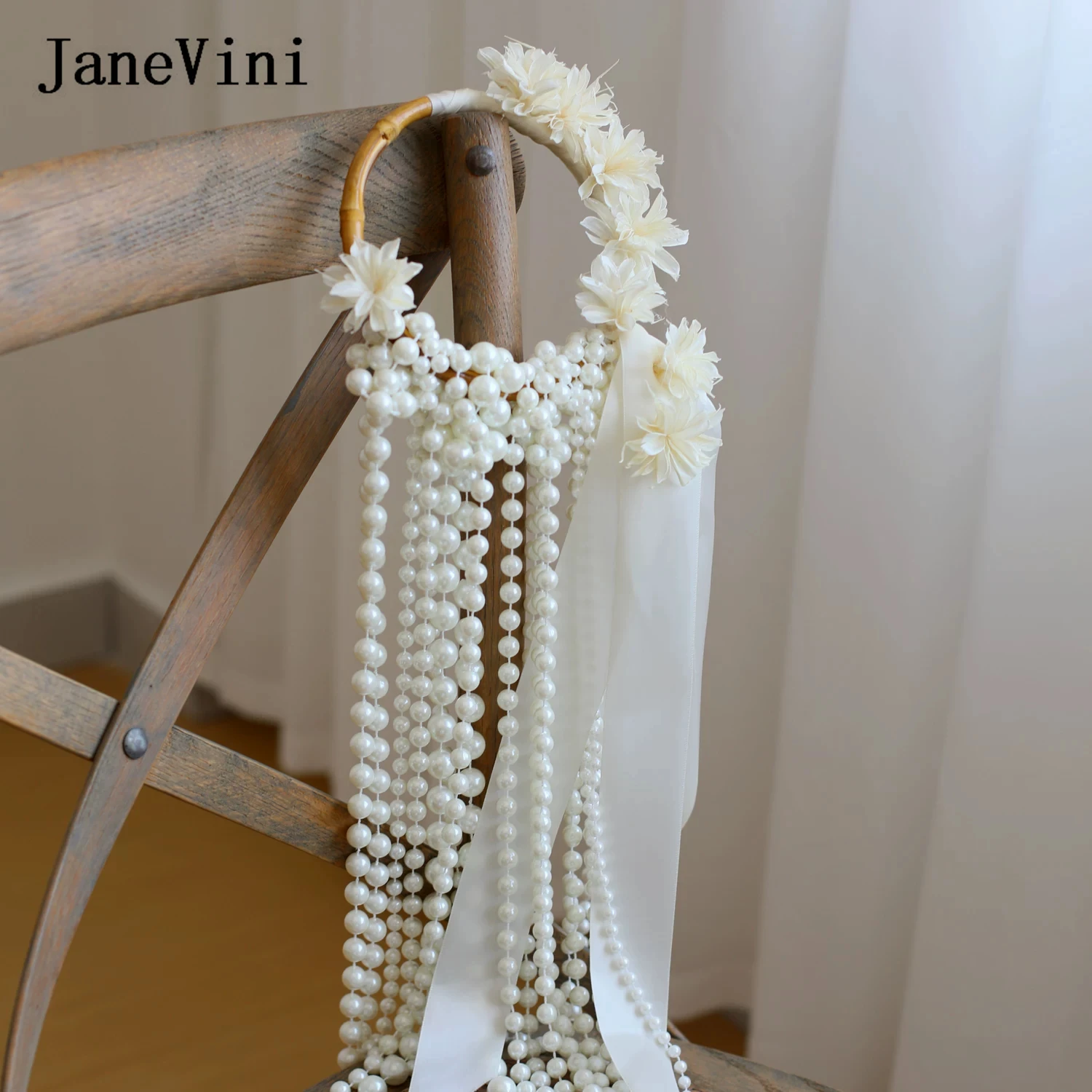 JaneVini Luxury High-end Pearl Waterfall Wedding Bouquets Cascade Flower Wreath Satin Ribbon Bridal Hoop Bouquet Buquet Sposa