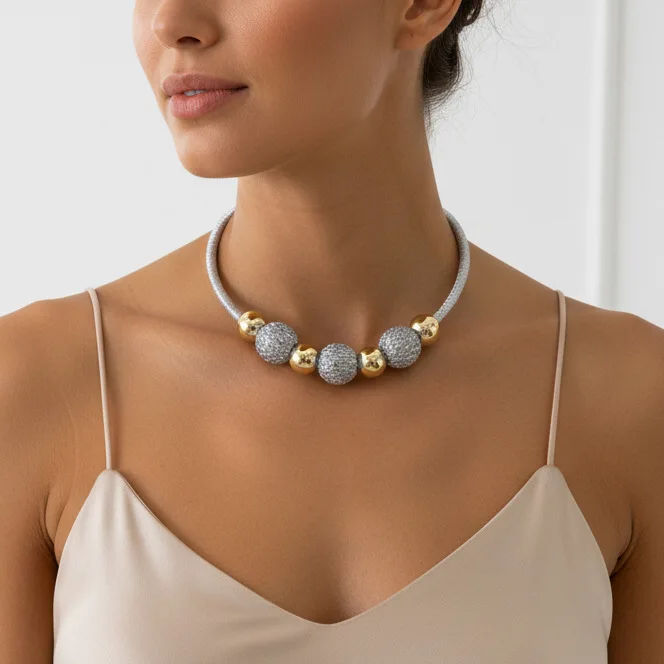 

Exaggerated Big CCB Round Ball Beads Choker Necklace for Women Vintage Full Diamond Pendant Necklace Banquet Accessories Gifts