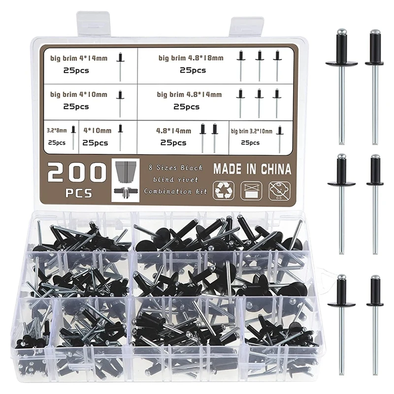 

200 Pcs 8-18Mm Black Rivets Metal 3.2-4.8 Black Rivets Blind Holes Standard And Flange Tool