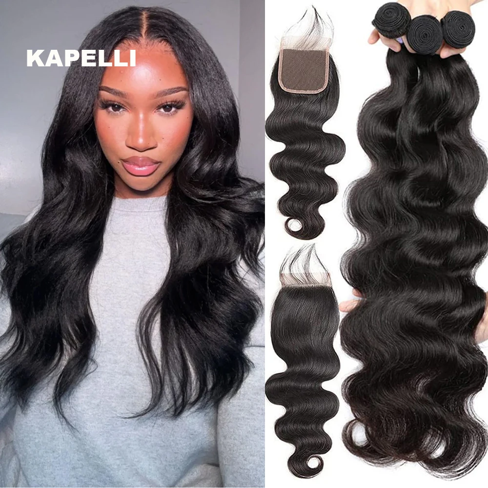 

Наборы волос Body Wave с заколкой-застежкой из натуральных волос, с кружевной заколкой 4x4, наращивание волос, 13x4 HD кружево, 3/4 пучка с заколкой-застежкой для женщин