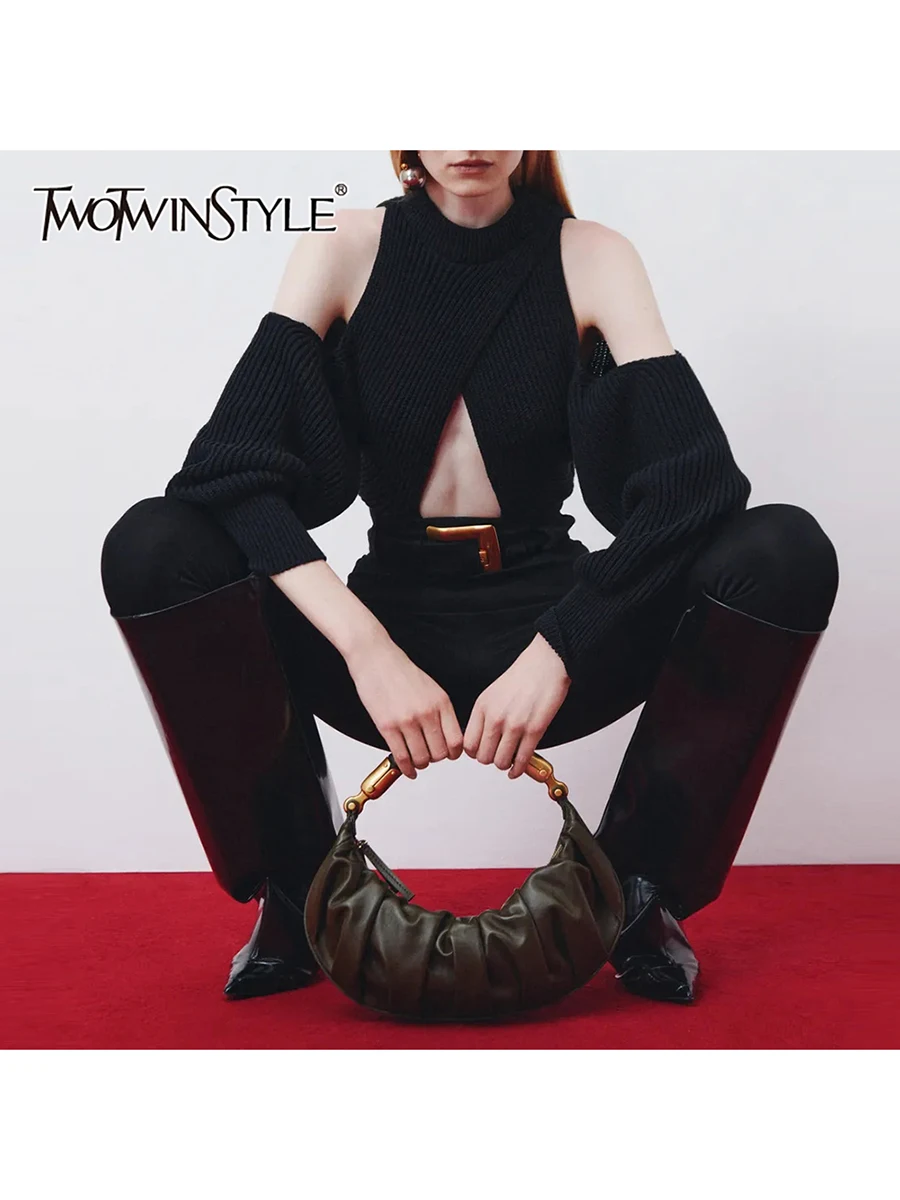 

TWOTWINSTYL Solid Slimming Fashion Sweaters for Women Round Neck Off Shoulder Sleeves Split Minimalist Sweater Female Clothing
