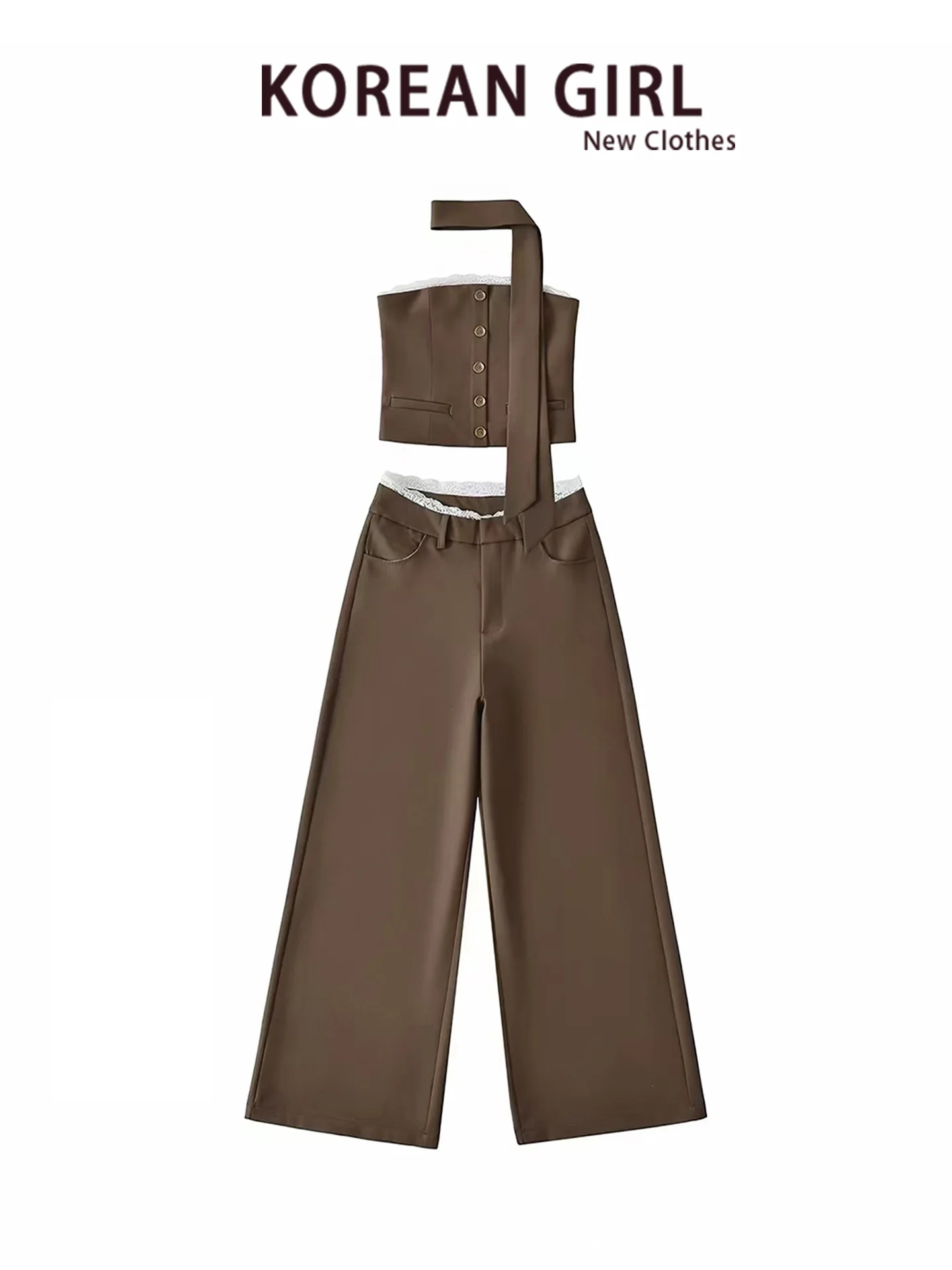 Spicy Girl Sleeveless Bandeau Vest Set Women Early Autumn Sash Hanging Neck Top Suit Wide Leg Pants Two Piece Set Casual Style