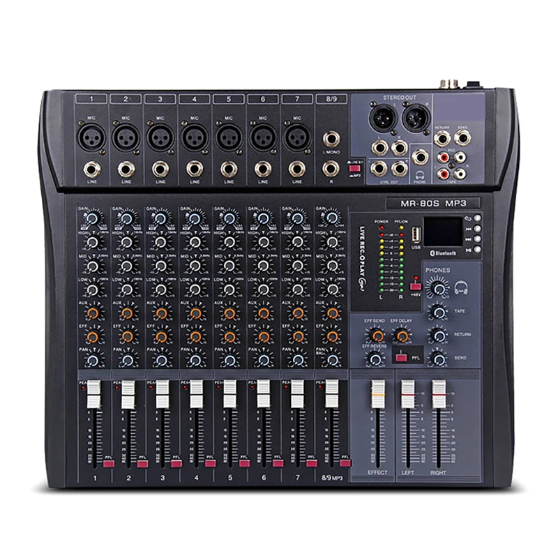 Professional Sound Mixer para PC Stage, 8 Canais, Mixing Console, Bluetooth Board, USB Reverb, Audio Studio, DJ Controller, Podcast