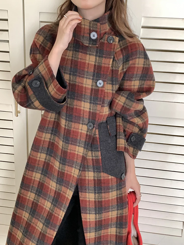 

2023 Small Standing Collar Warrior Robe Double Sided Fleece Coat Women's Exquisite Contrast Checkered Temperament Loose Wool