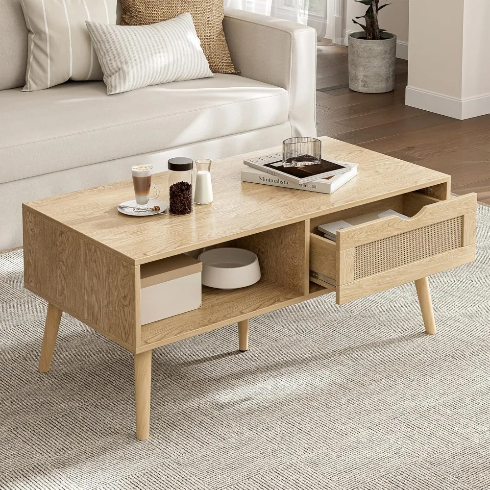 

Wood Coffee Table with Storage, Boho Dining Table with Rattan Drawer and Solid Wood Legs, Small Coffee Tables for Living Room