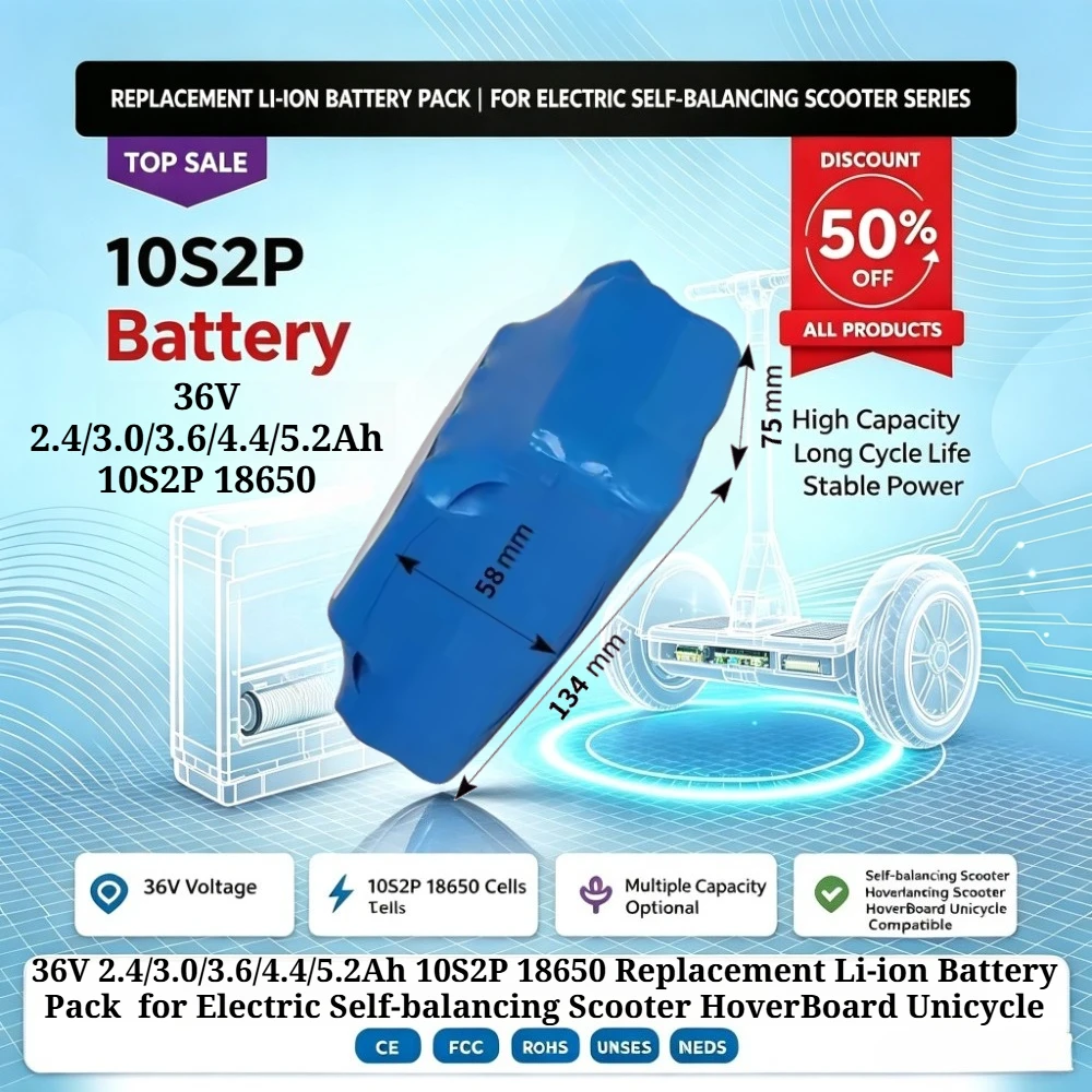36V 2.4/3.0/3.6/4.4/5.2Ah 18650 10S2P Li-ion Replacement Battery Pack  for Electric Self-balancing Scooter HoverBoard Unicycle