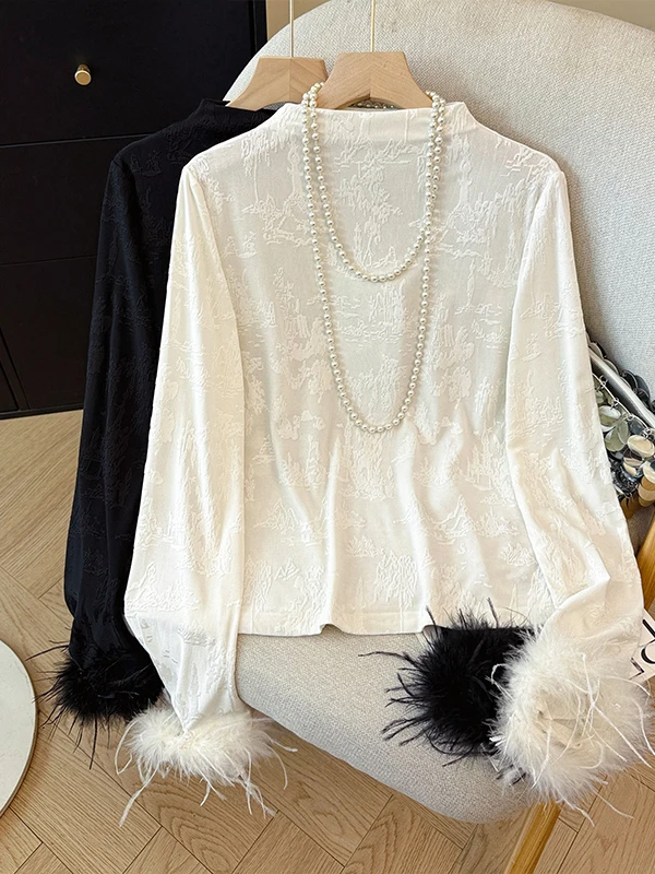 New Chinese Style Long Sleeve T-Shirt with Vest Neckline Half High Collar Embroidered Ostrich Feather Cuff Base Shirt Autumn ...