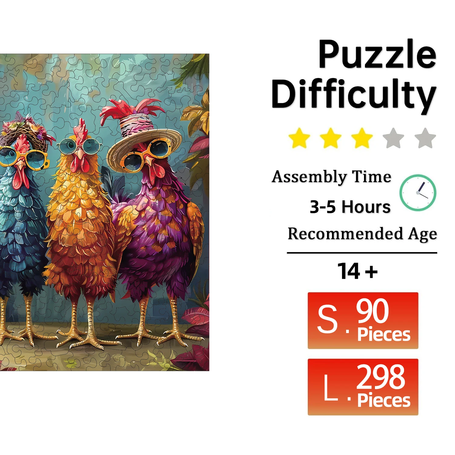Puzzle in legno colorato con grandi rooster, pezzi irregolari a forma di animale, regalo squisito di Natale per le vacanze, decorazioni per la casa di giochi per famiglie