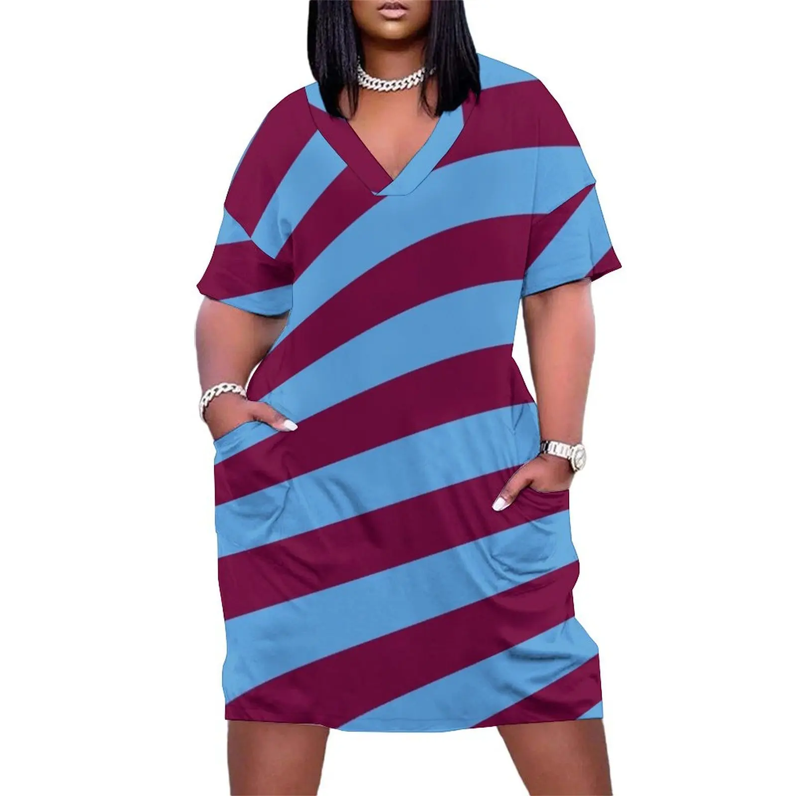 Aston Villa Claret and Blue Angled Stripes Loose Pocket Dress Woman dresses evening dress woman dress for woman