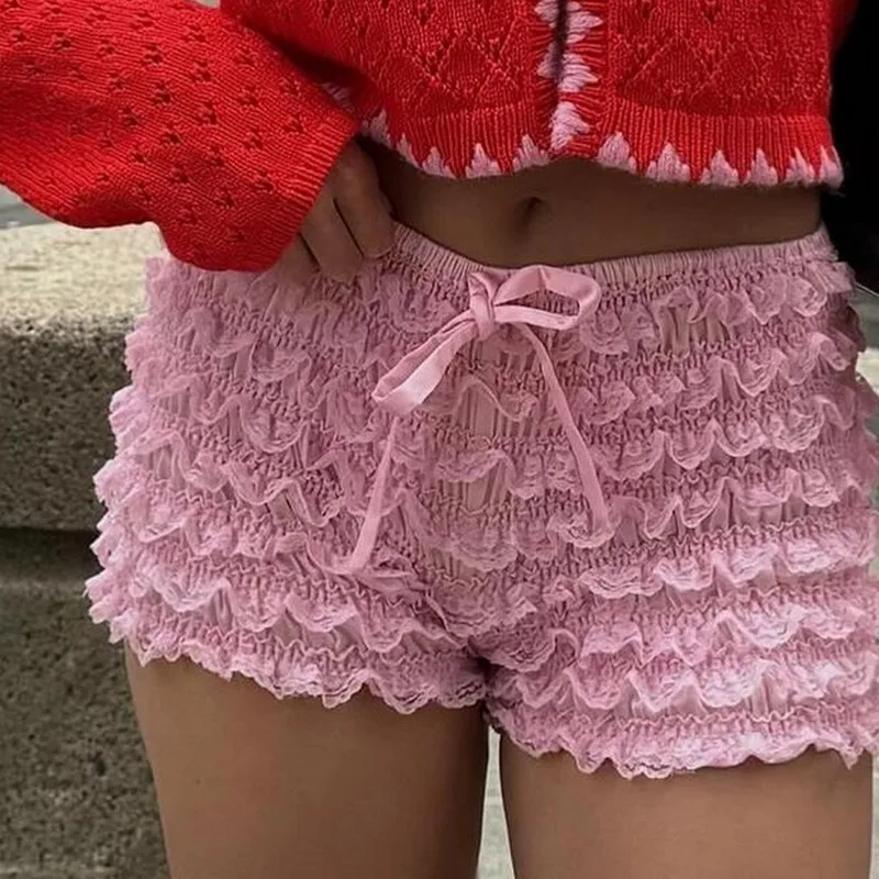 WPNAKS Women Mini Shorts Summer Clothes Lolita Sweet Layered Lace Frill Trim Elastic Waist Tie-Up Bow Bloomer Shorts Streetwear