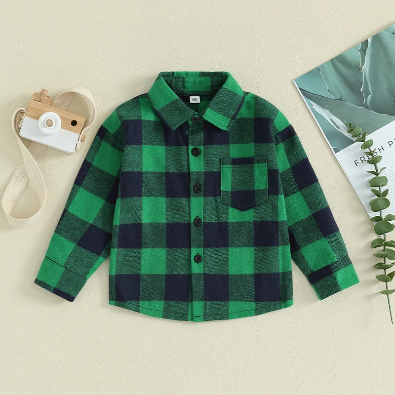 Kids Boys Green Plaid T-Shirts Spring Fall Long Sleeve Plaid Pocket Blouse Shirt Tops Clothes