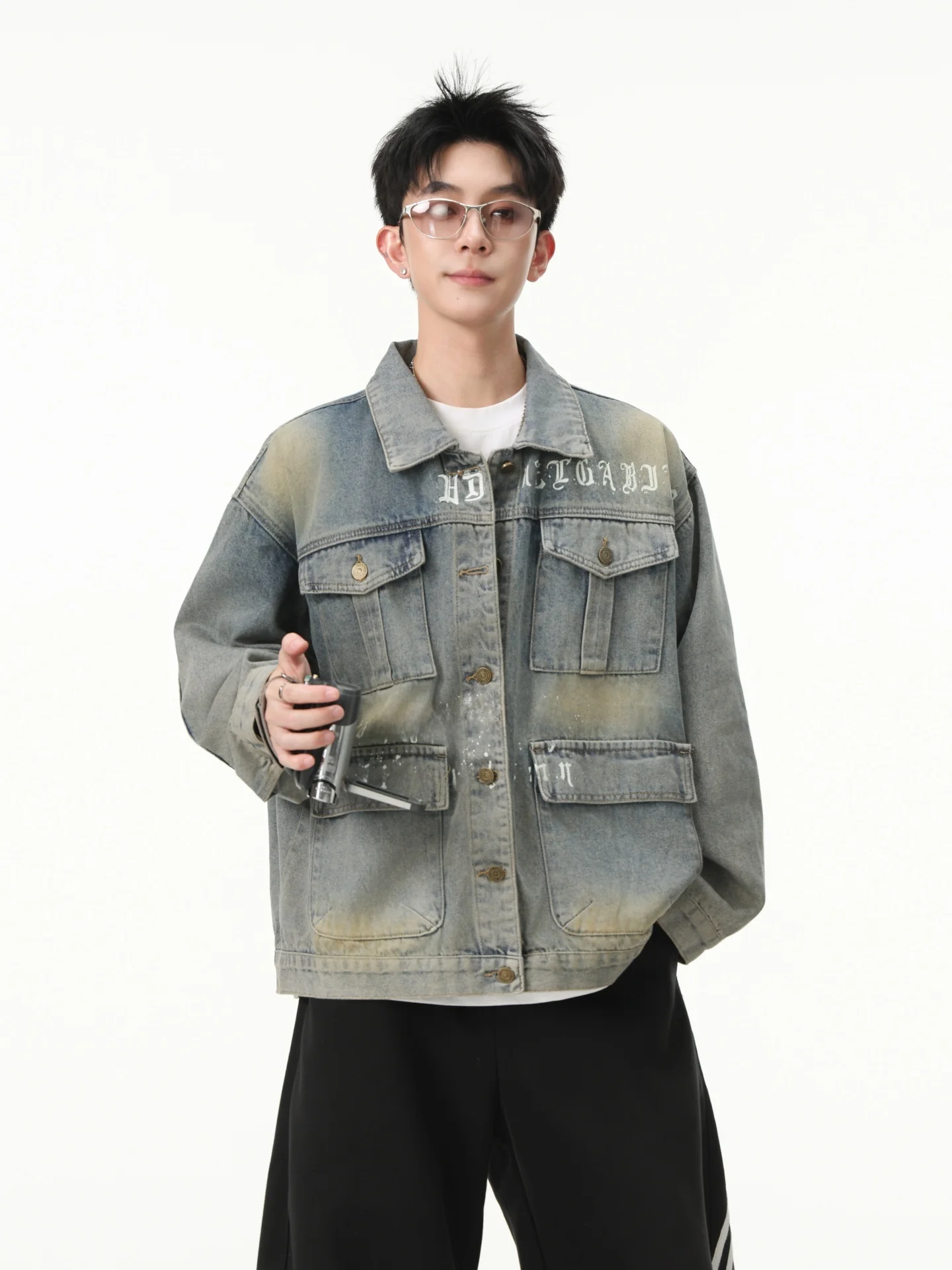 American Style Worn-In Denim Jacket Men's Letter Print Multi-Pocket CleanFit Loose Workwear Casual Jacket