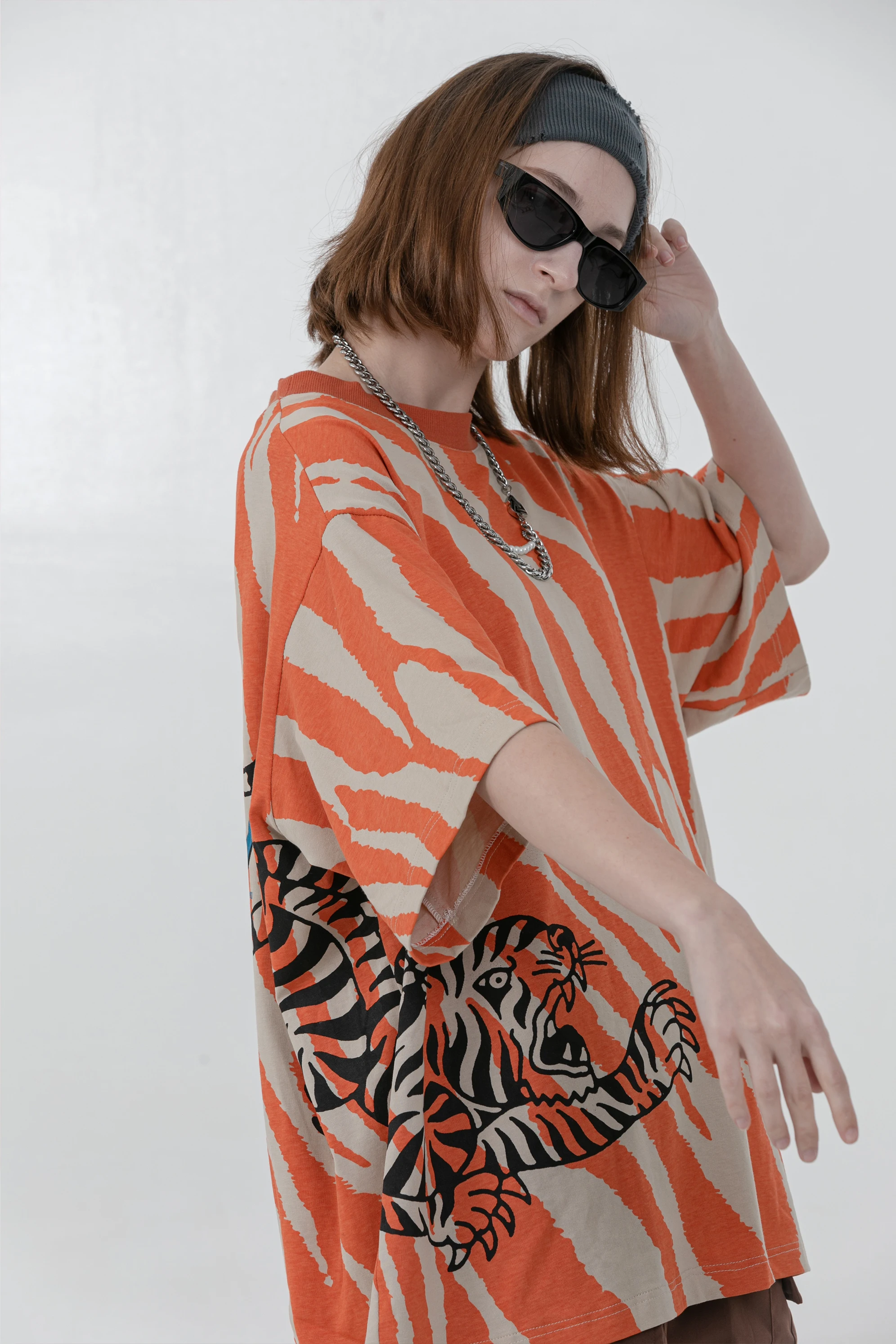 Loose Street Style Tiger Print Half Sleeve round Neck T-Shirt Creative Summer Casual Cotton Top for Couples Orange Color