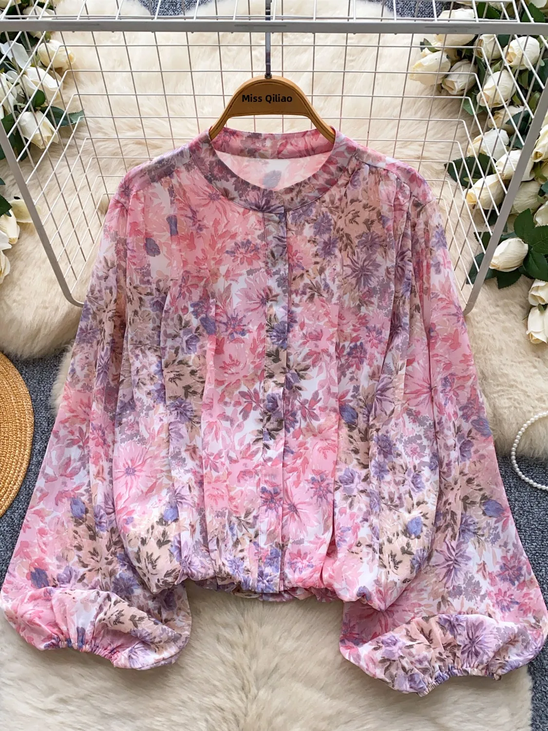 

Женская блузка в стиле ретро с цветочным принтом, свободного кроя, с рукавами-фонариками, из шифона, в корейском стиле, для повседневной носки