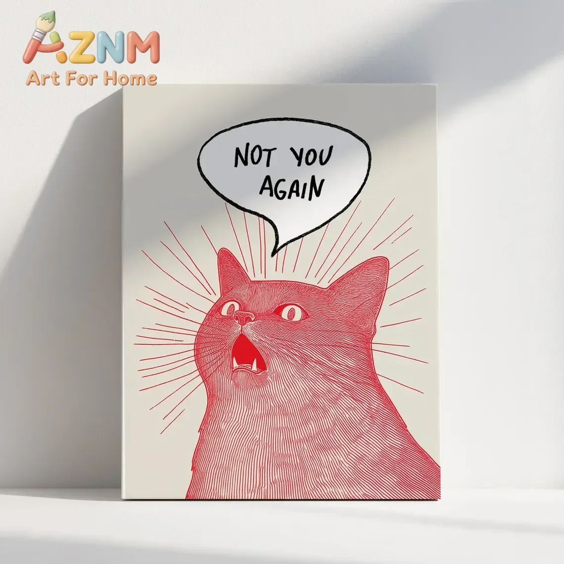 AZNM Funny Red Cat Canvas Wall Art Not You Again Speech Bubble Humorous Cat Illustration Frameless Print Poster for Apartment Wa