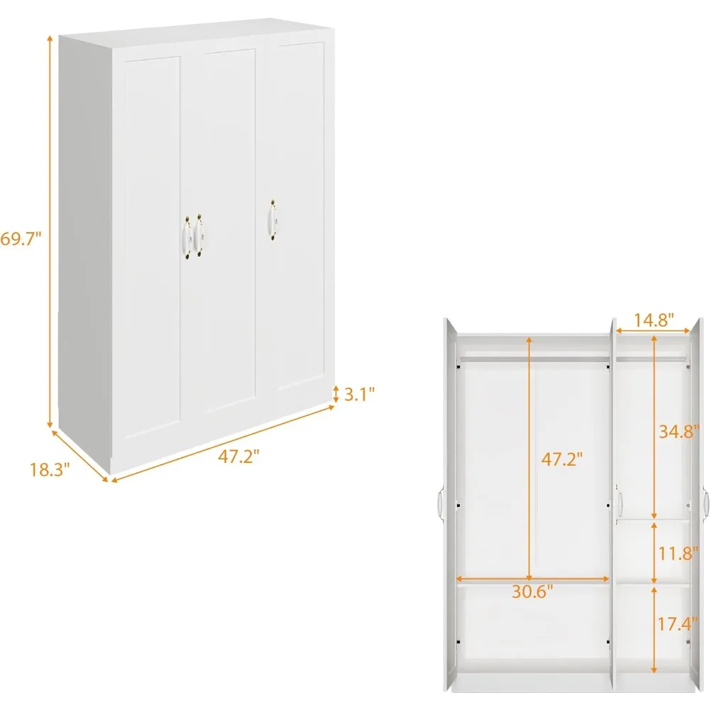 Armario blanco de 70 puertas alto y 3 puertas con varillas para colgar y 5 compartimentos de almacenamiento para dormitorio