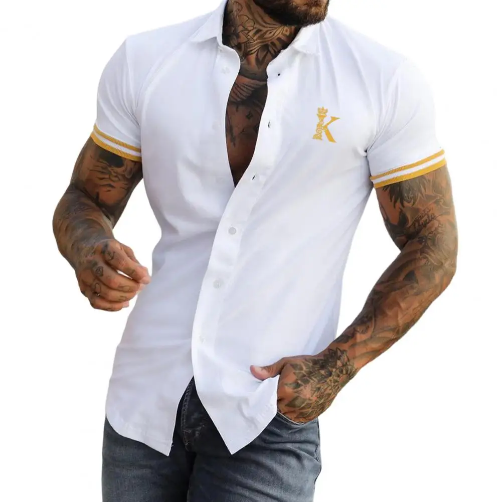 Men Casual Turn-down Collar Button-up Cardigan Tops Summer Fashion Letter Print Shirts Mens Clothes Short Sleeve Streetwear