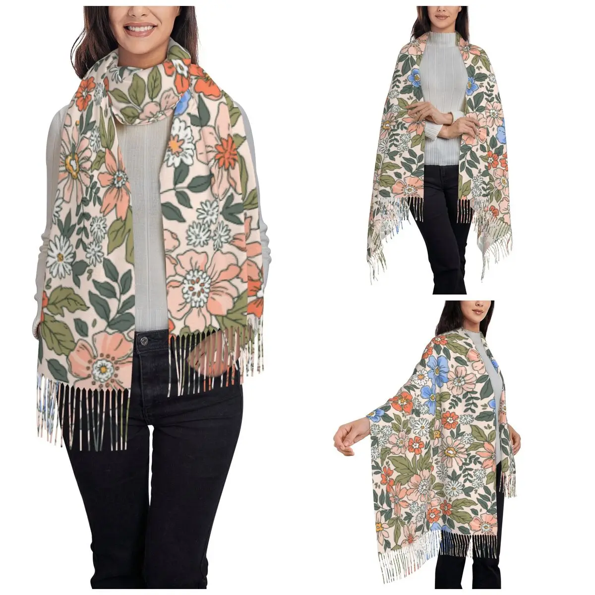 Women's Scarf with Tassel Elegant Floral Pattern Large Super Soft Shawl and Wrap Hawaiian Flower Daily Wear Pashmina Scarves