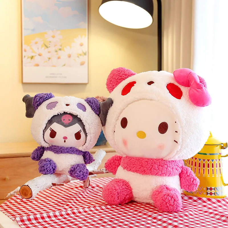 Novo sanrio kuromi se transforma em um panda boneca de pelúcia anime figura dos desenhos animados bonito rosa olá kitty pelúcia brinquedos para crianças presente