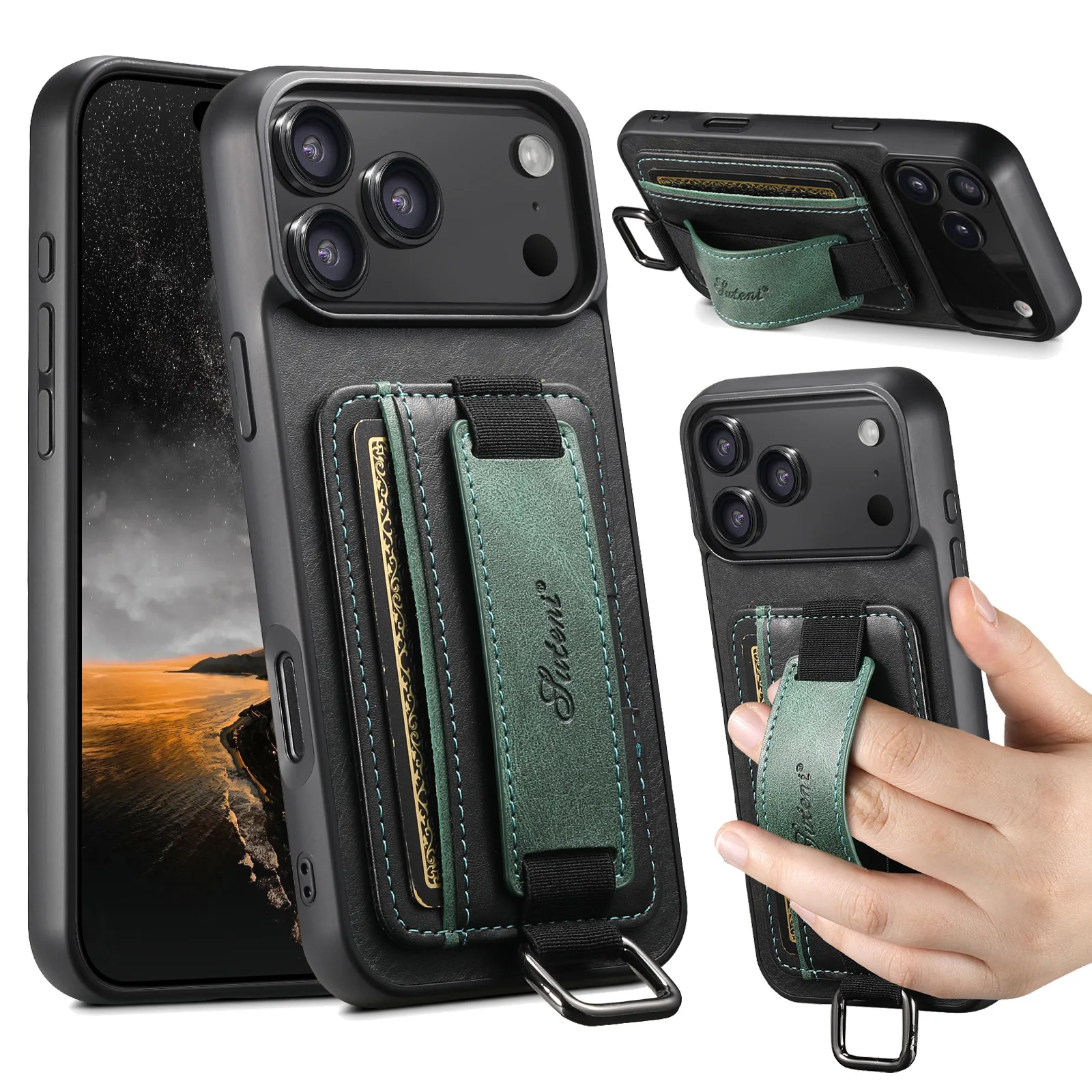 

Тонкий кожаный чехол-кошелек премиум-класса для iPhone 17 Pro Max 13 12 11 14 15 16 Pro Max 16 Plus с ремешком на запястье, держатель для карт, слоты, чехол