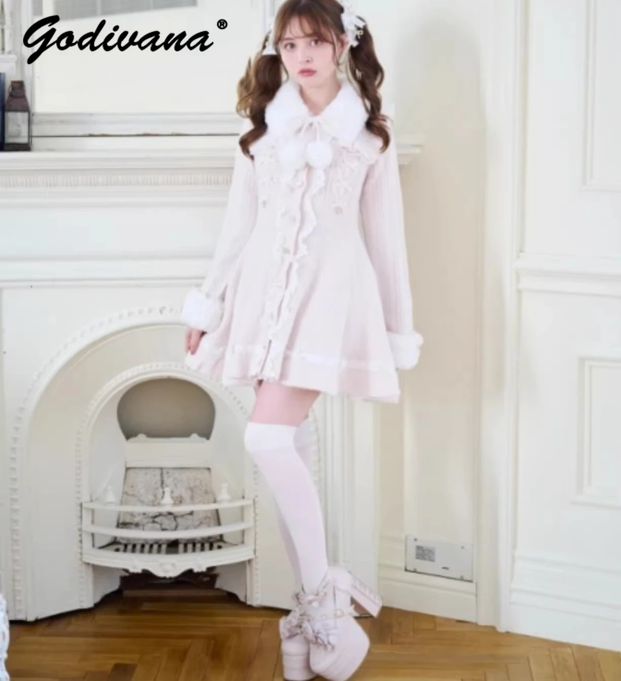 Japanese Liz Detachable Fur Collar Lolita Sweet Fur Sleeves Long Sleeve Knitted Dress Girl Women Autumn and Winter Sweater Dress