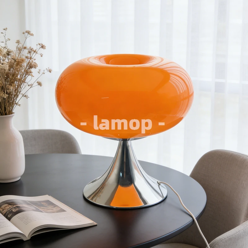 Lámpara de Mesa de Cristal de Murano Naranja Brillante con Base en Forma de Donut, Lámpara de Noche Coreana de 3 Tonos con Luz Suave para Decoración de Dormitorio
