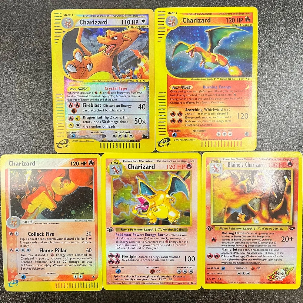 

5 шт., базовый набор карт покемонов Charizard, бестеневой Skyridge Holo, редкие коллекционные коллекционные коллекционные карточки, игра PTCG, карты Pokemon TCG, подарок