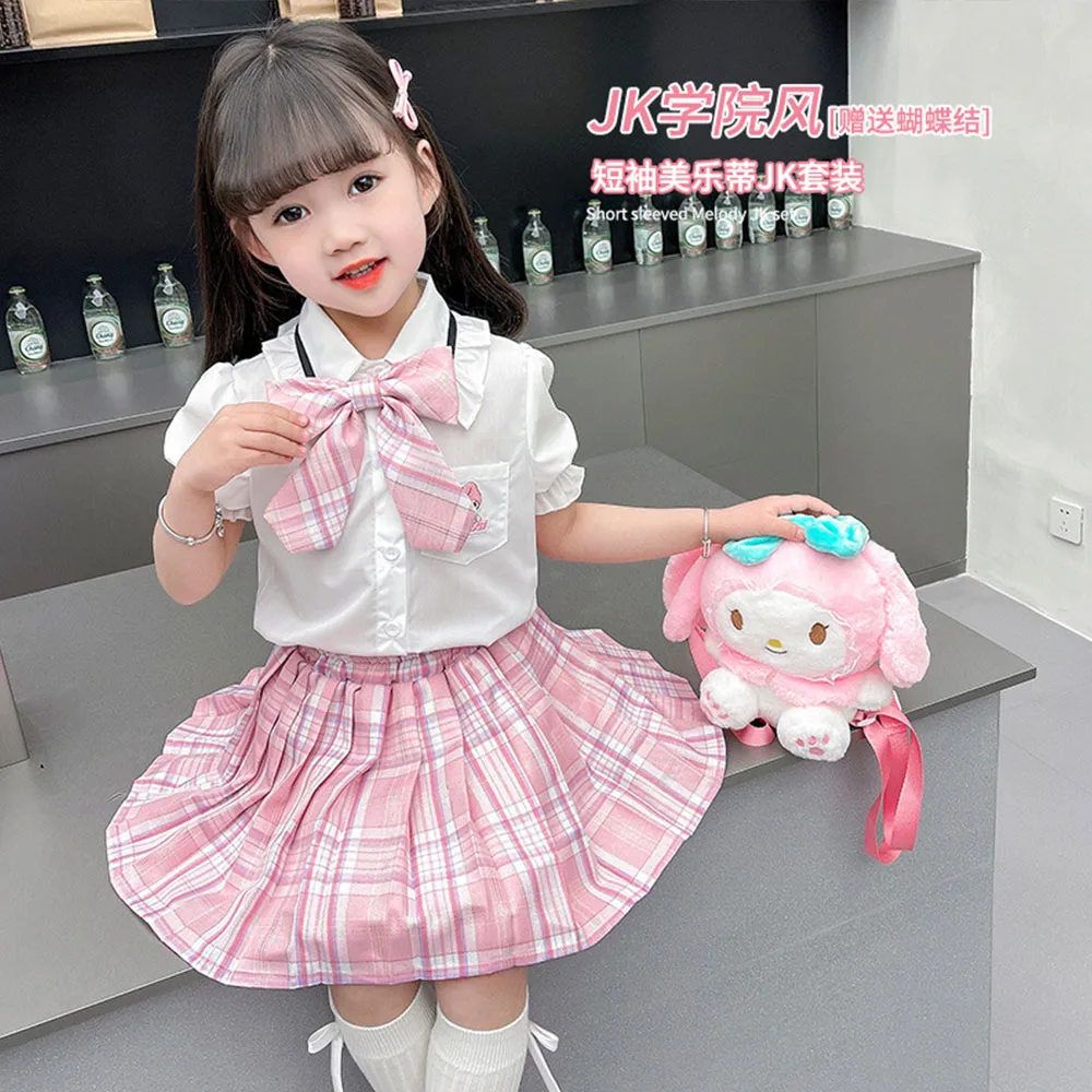 Anime Kuromi Children's Shirt Pleated Skirt Bow Tie Sanrios Summer Jk Girl Sweet Princess Dress Fashion Kawaii College Style Set