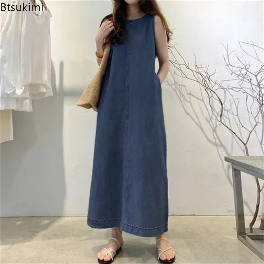 2024 Women's Summer Sleeveless Jeans Dress Simple Style Solid Elegant Dress Robe Female Pocket Design Commuter Gown Dress 5XL