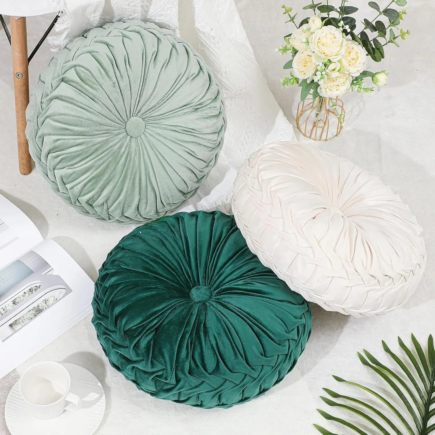 Cojines Redondos Decorativos de Terciopelo, Cojines Plegados de 15'' de Diámetro, Cojín Decorativo Estilo Boho con Forma de Calabaza para Silla, Sofá o Sillón
