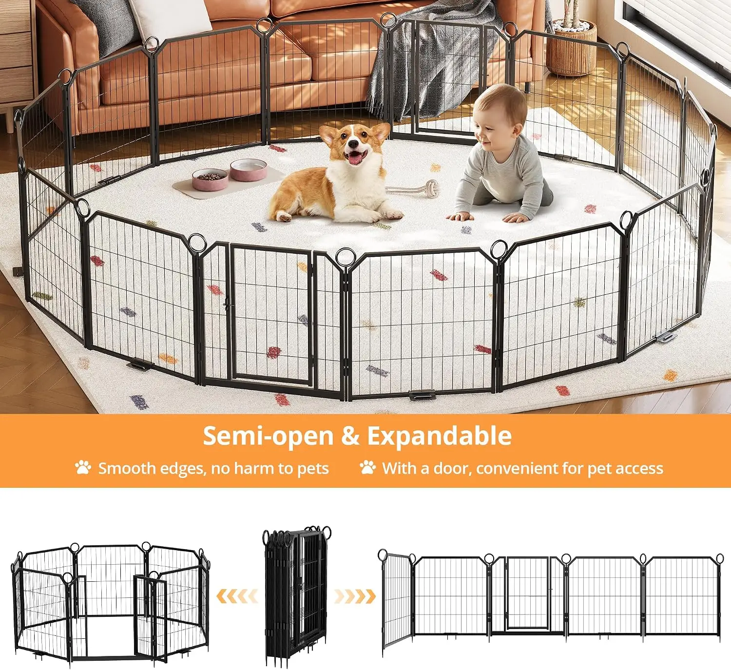 12/16/18 Panels 32/40inch Dog Playpen with DoorSelf-Locking Door & Stakes Heavy Duty Pet Fence Indoor Outdoor Pet Safety Isolation Barrier for Puppy Dog Supplies
