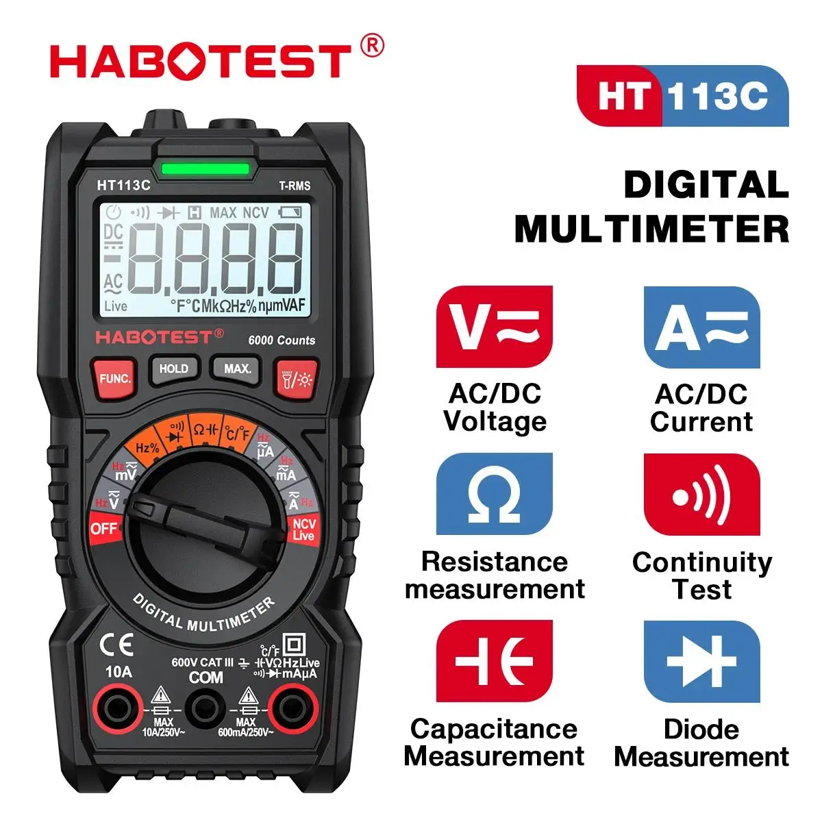 HABOTEST HT113 TRMS 6000 Counts Digital Multimeter Auto-Ranging AC/DC Voltmeter Ammeter Ohm Capacitance Tester Electrician Tools