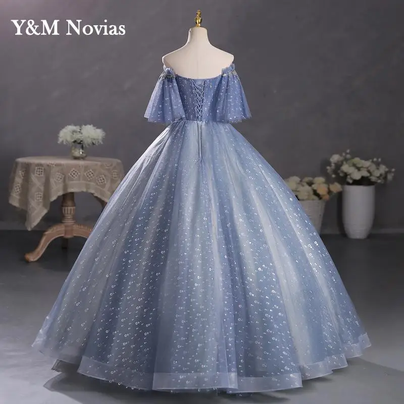 Y & m novo cinza azul quinceanera vestidos plus size vestidos de baile com mangas inchado vestidos para formatura doce 16 vestido de 15anos