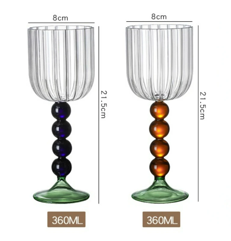 1PC Vintage goblet 360ml/12oz creative Nordic ripple wine glass with blue amber ball and pink curved stem red wine glass