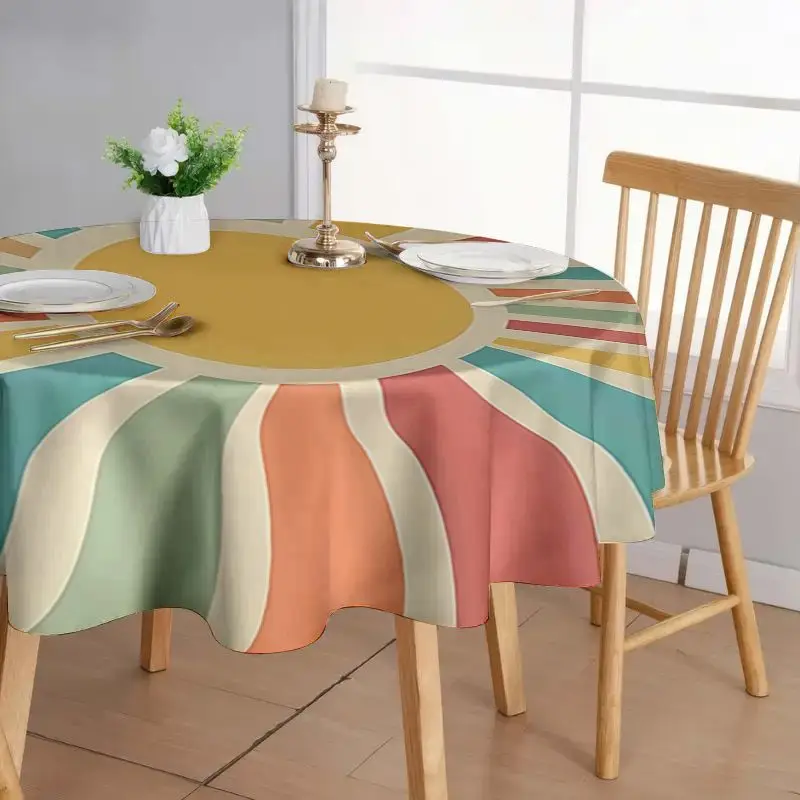 1Pc soft round tablecloth retro sun pattern washable tablecloth, perfect for home decoration