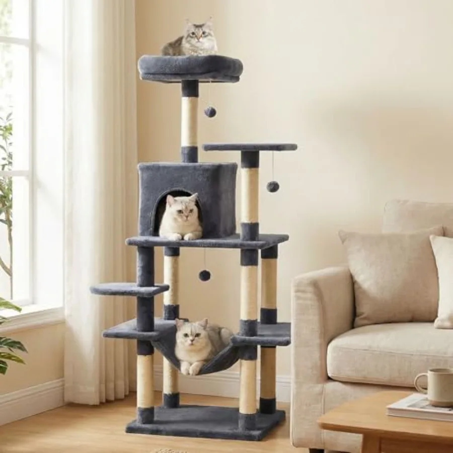58 Inch Cat Tree Tower, Multi-Level Cat Tower with Sisal Scratching Posts, Padded Top Perch, Condo and Hammock, 3 Hanging Balls