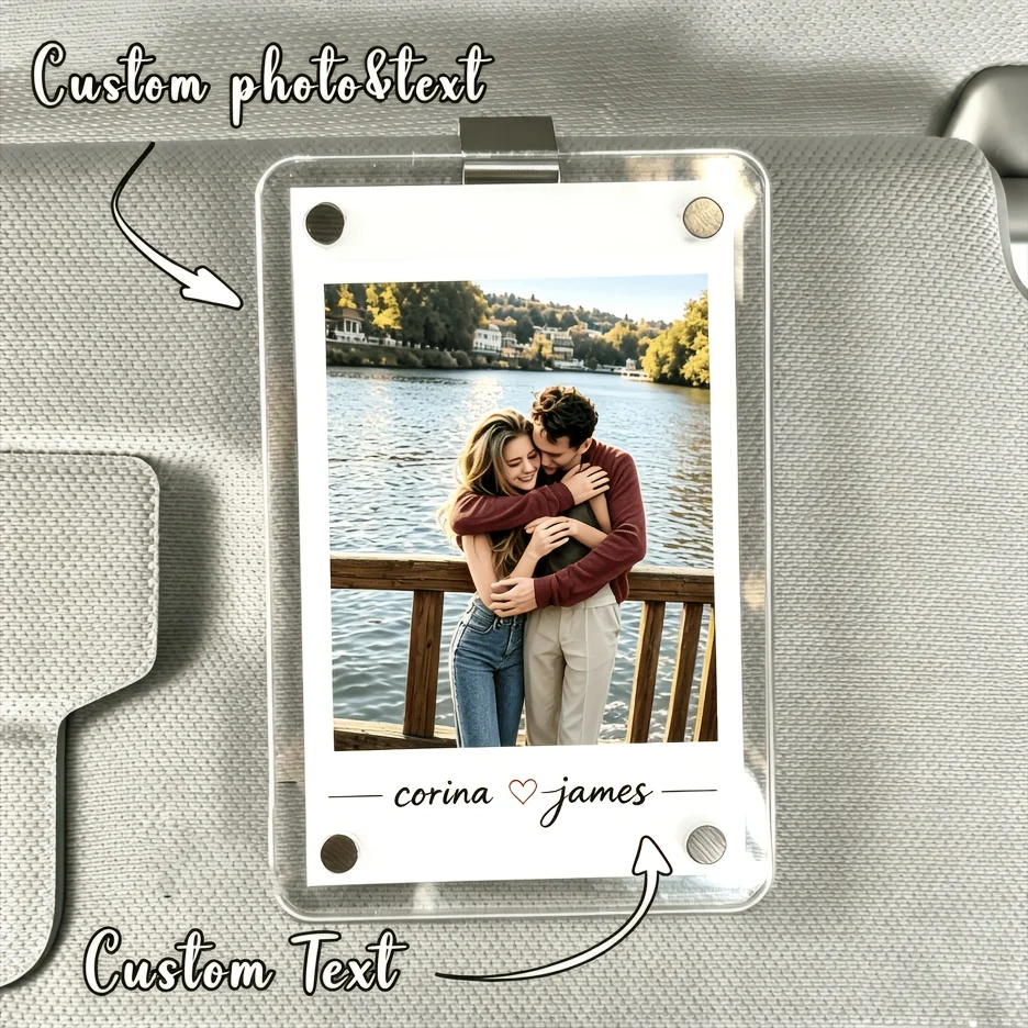 1 Customizable Photo Name Car Sun Visor Photo Holder, Acrylic Photo Clip Supports Customizing Couple Portraits and Names with Hearts, a Unique Romantic Gift for Anniversaries and Valentine's Day