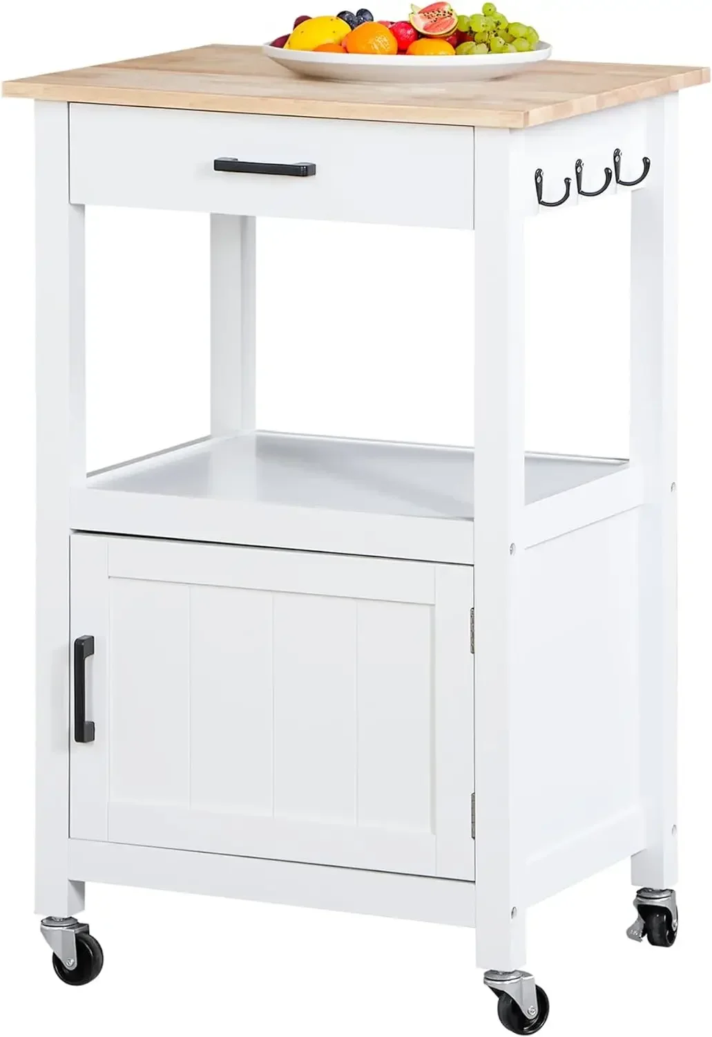 Kitchen Island on Swivel Wheels with Drawer, Rolling Kitchen Cart, Armário de armazenamento com 3 ganchos laterais para sala de jantar, branco