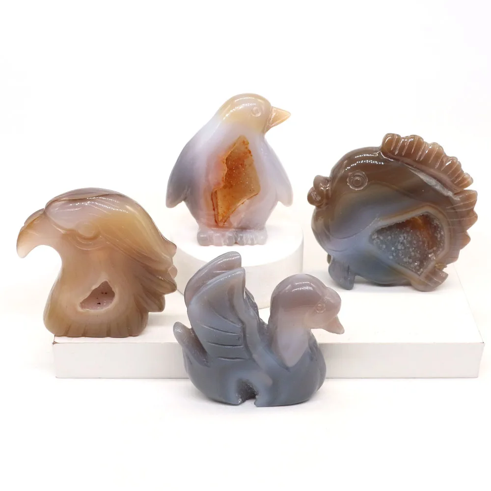 

Natural Stone Owl Fish Penguin Eagle Swan Dragon Head Turtle Figurine Hand Carved Agate Geode Statue Crafts Ornament Home Decor